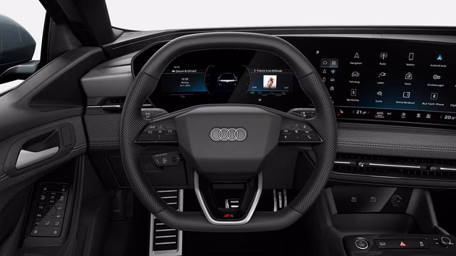 Bilde som viser 3-eikers sportsratt i skinn med flat over- og underside, multifunksjon og vippetaster